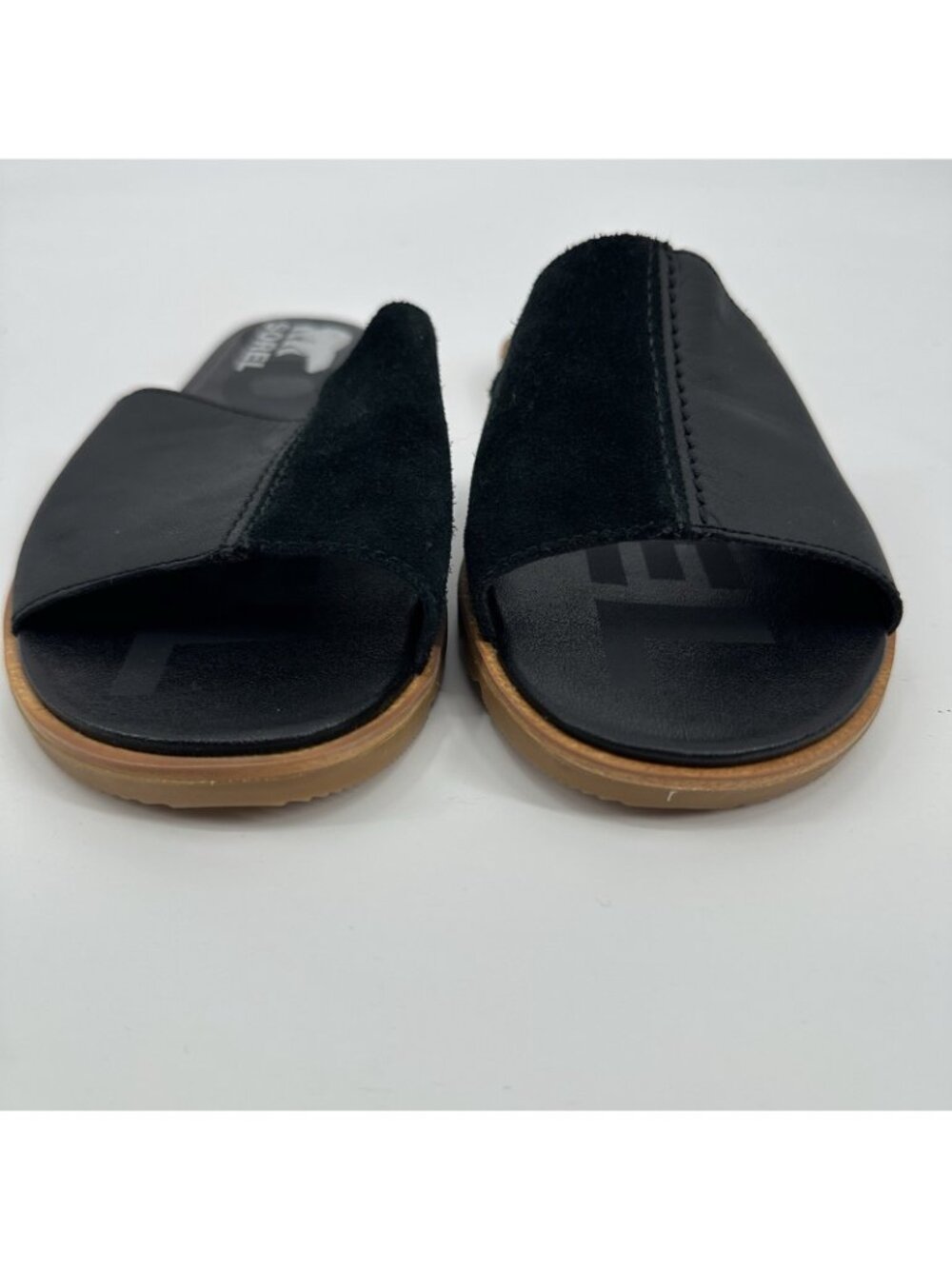 SOREL Ella 6.5 Block Black Leather women’s SLIP ON‎ slide sandals lugg sole - Picture 3 of 8